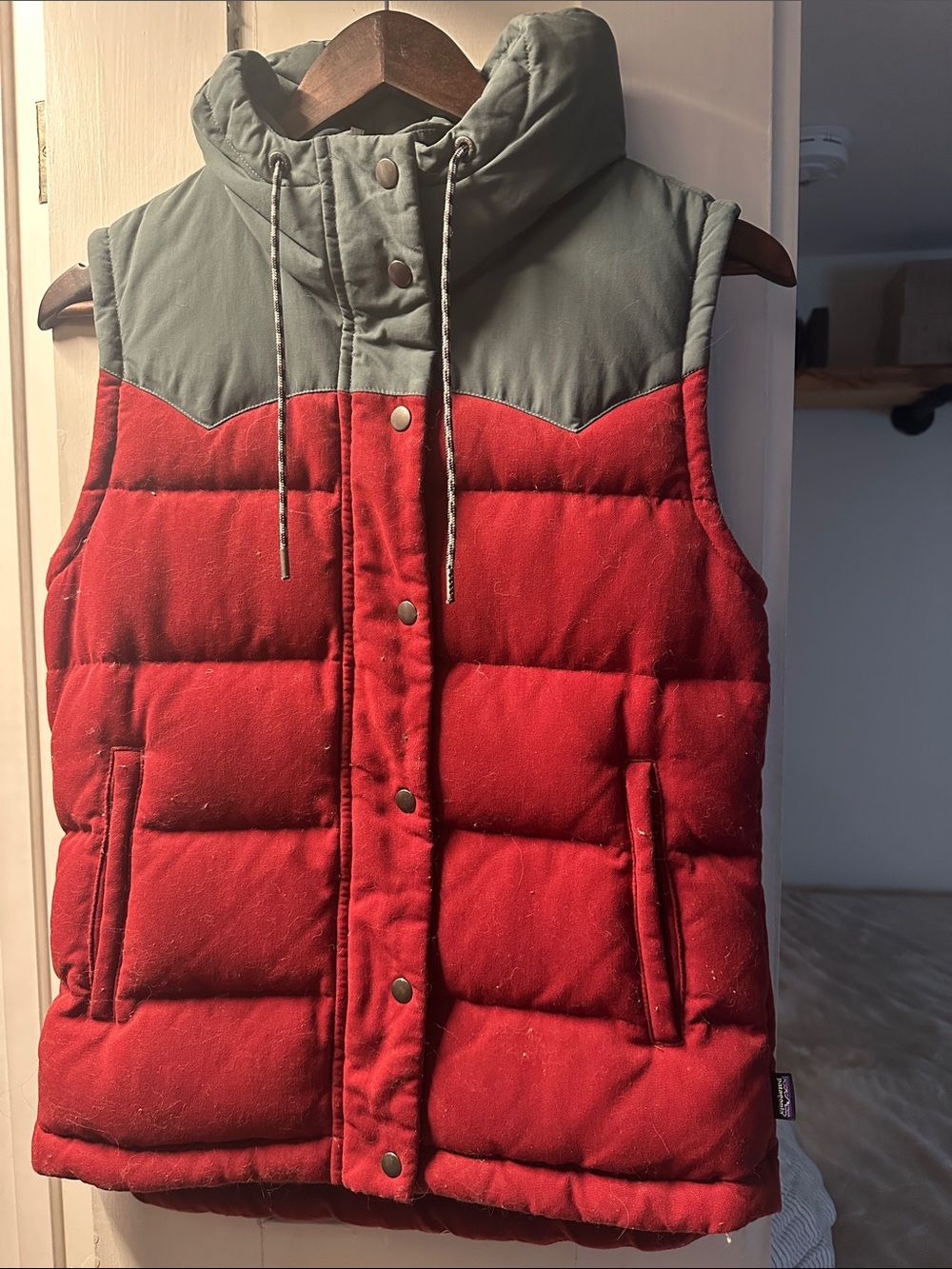 Patagonia Black Puffer Vest with Red and White Mushroom Print